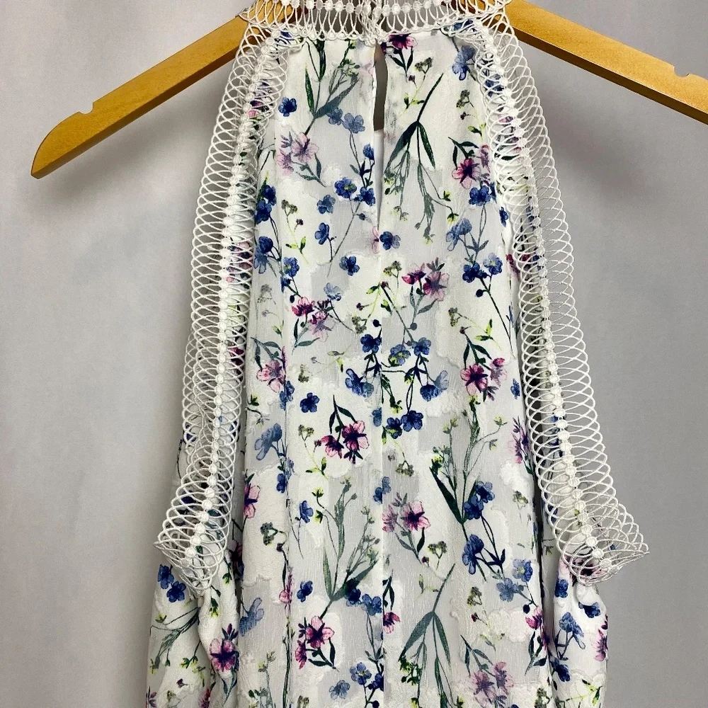Tahari Womenʻs White Floral Lace Trimmed High Neck Flowy Blouse XL